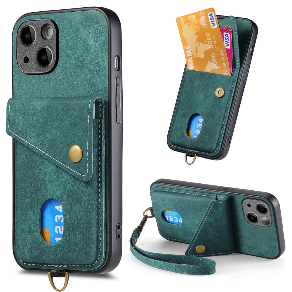  iPhone 15 Plus Skal Retro Läder Med Kortfack Grön