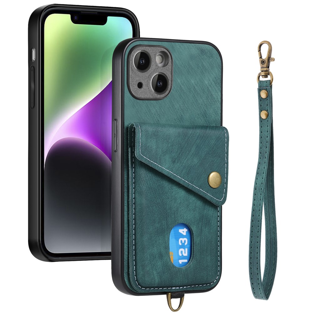  iPhone 15 Plus Skal Retro Läder Med Kortfack Grön