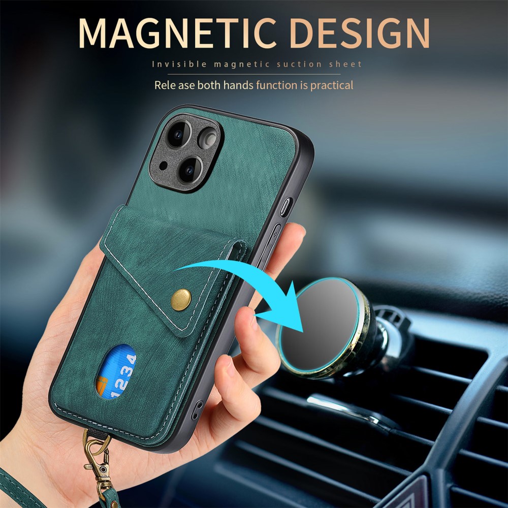  iPhone 15 Plus Skal Retro Läder Med Kortfack Grön