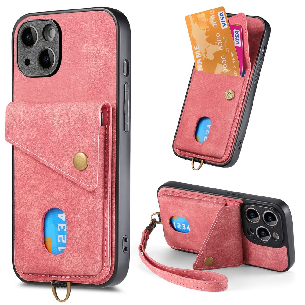  iPhone 15 Plus Skal Retro Läder Med Kortfack Rosa