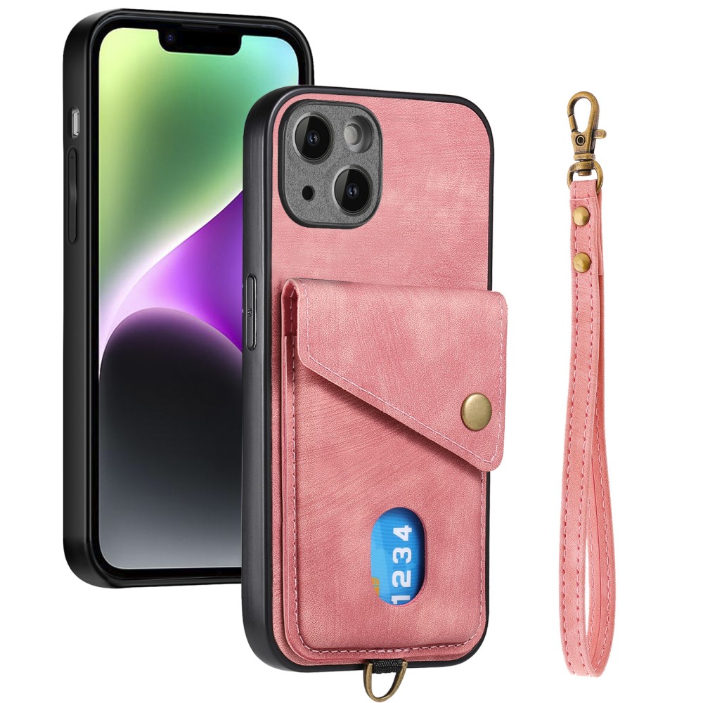  iPhone 15 Plus Skal Retro Läder Med Kortfack Rosa