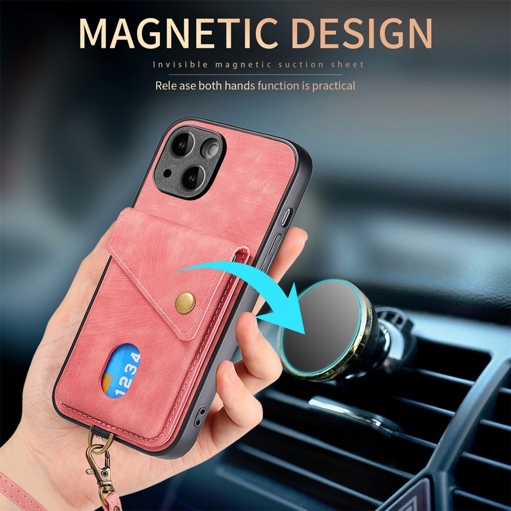  iPhone 15 Plus Skal Retro Läder Med Kortfack Rosa