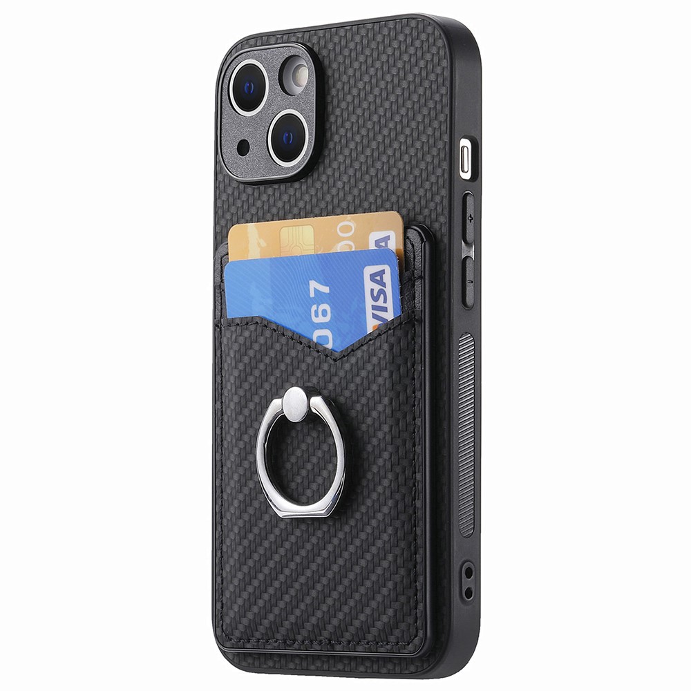  iPhone 15 Plus Skal Kolfiber Textur Ring Kortfack Svart