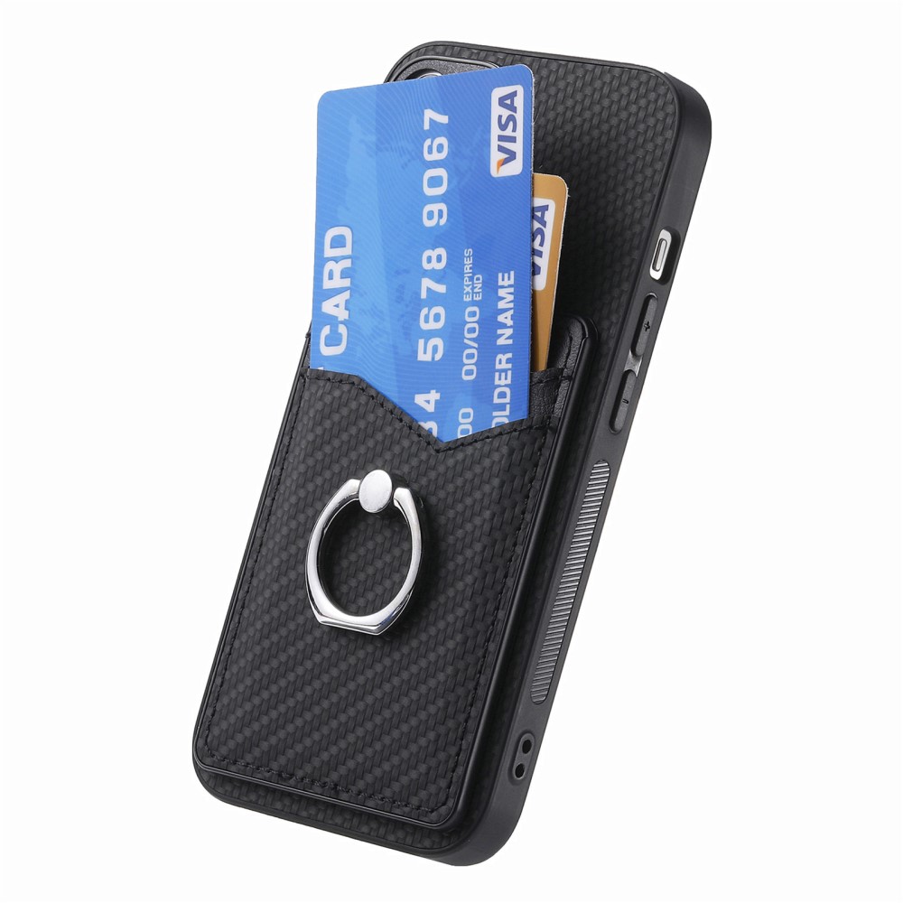  iPhone 15 Plus Skal Kolfiber Textur Ring Kortfack Svart