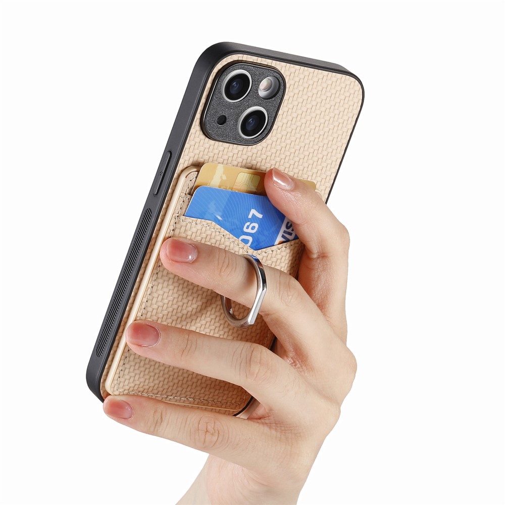  iPhone 15 Plus Skal Kolfiber Textur Ring Kortfack Aprikos