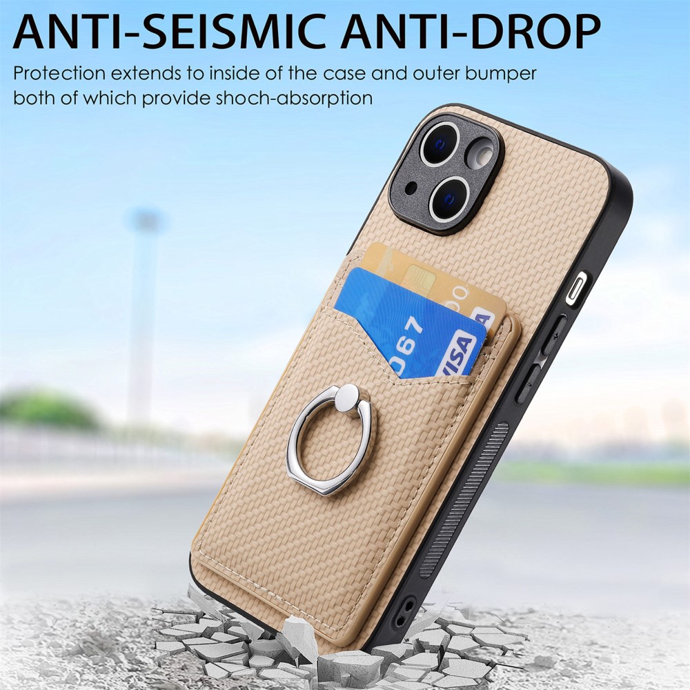  iPhone 15 Plus Skal Kolfiber Textur Ring Kortfack Aprikos