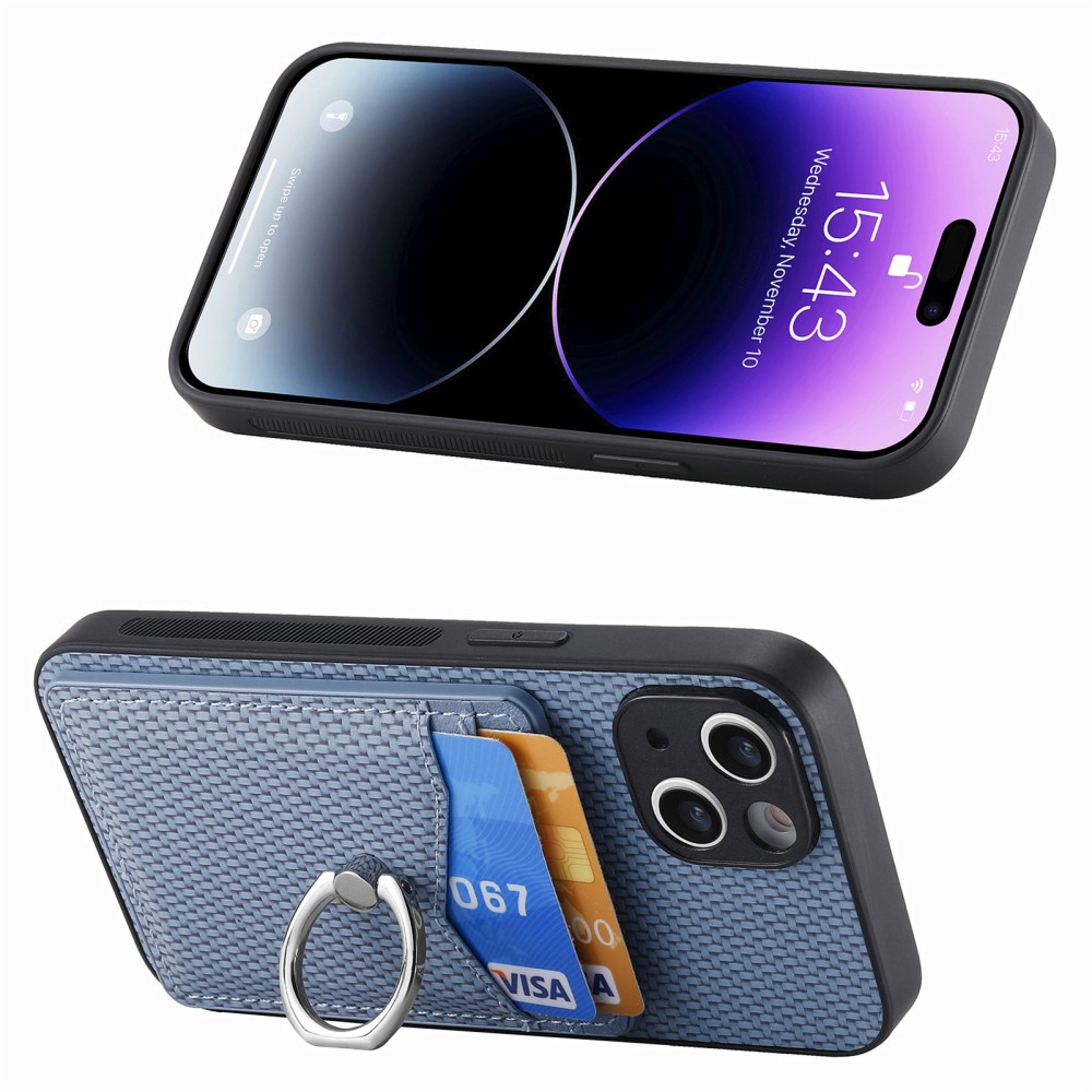  iPhone 15 Plus Skal Kolfiber Textur Ring Kortfack Blå