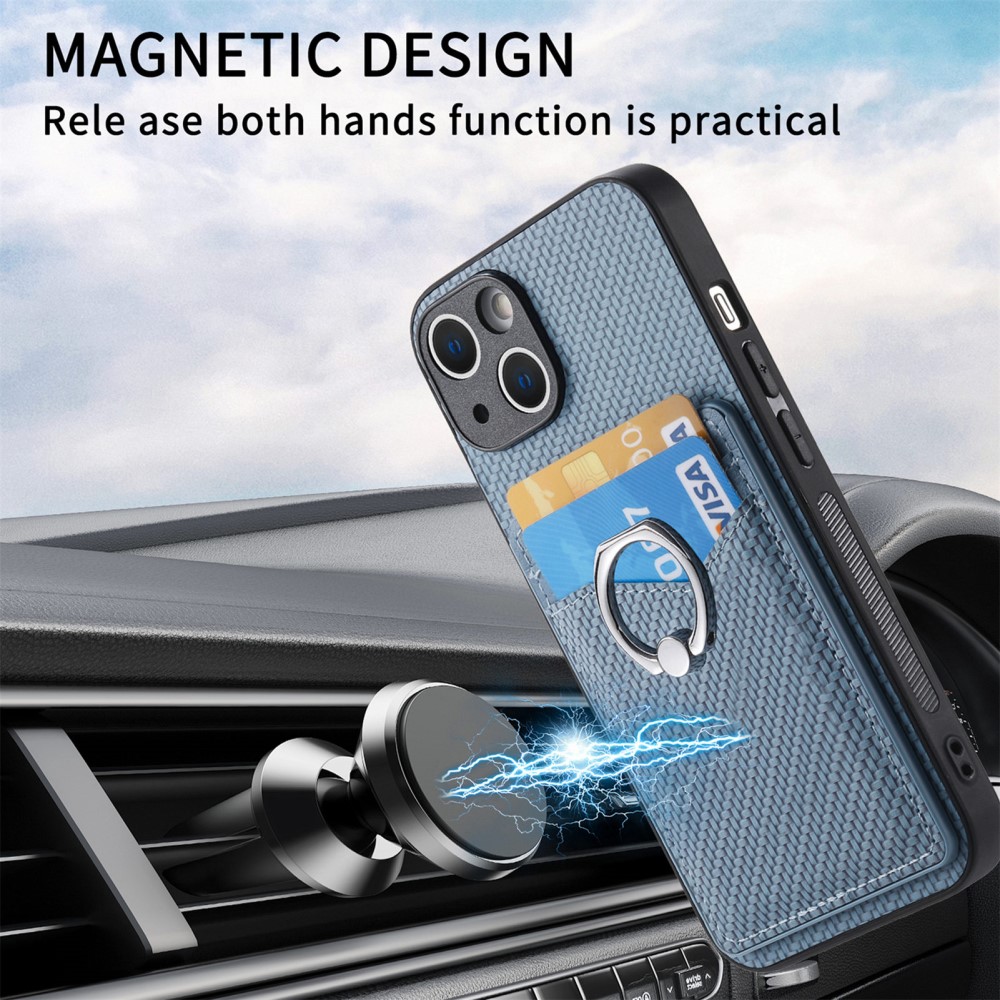  iPhone 15 Plus Skal Kolfiber Textur Ring Kortfack Blå