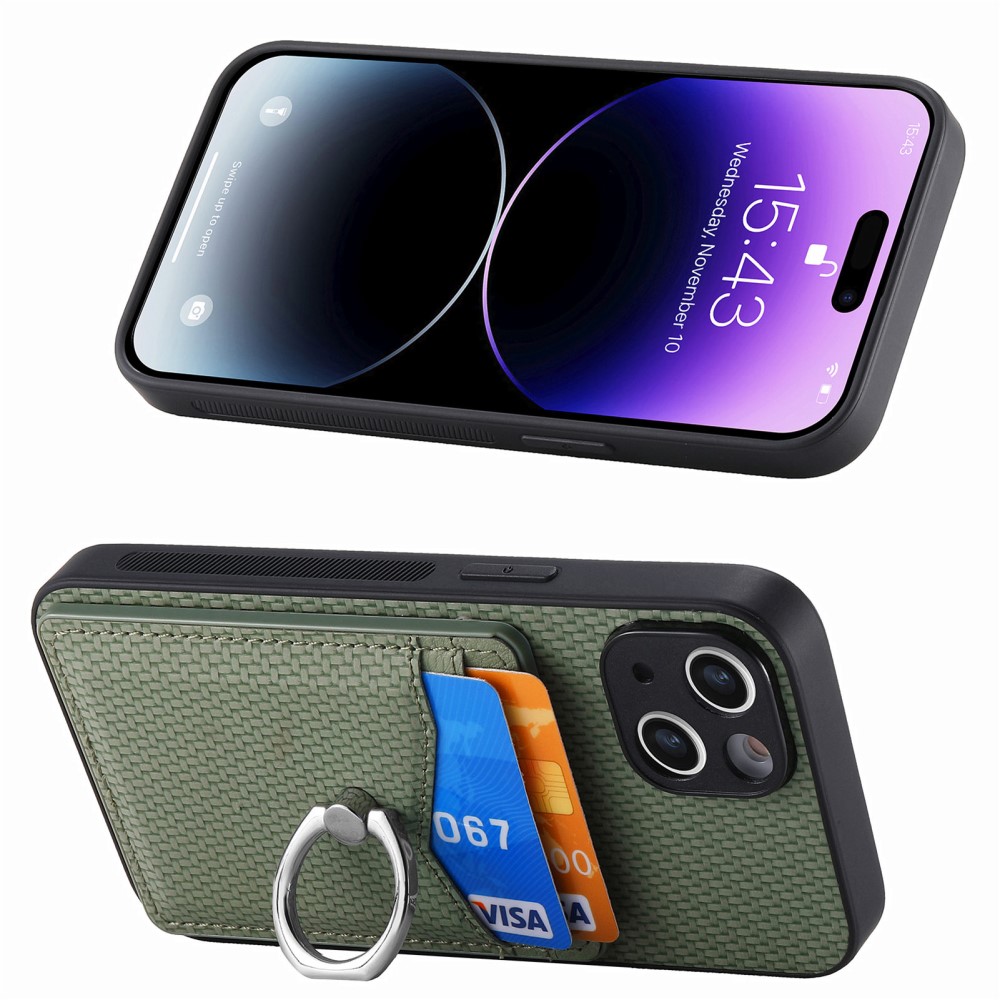  iPhone 15 Plus Skal Kolfiber Textur Ring Kortfack Grön