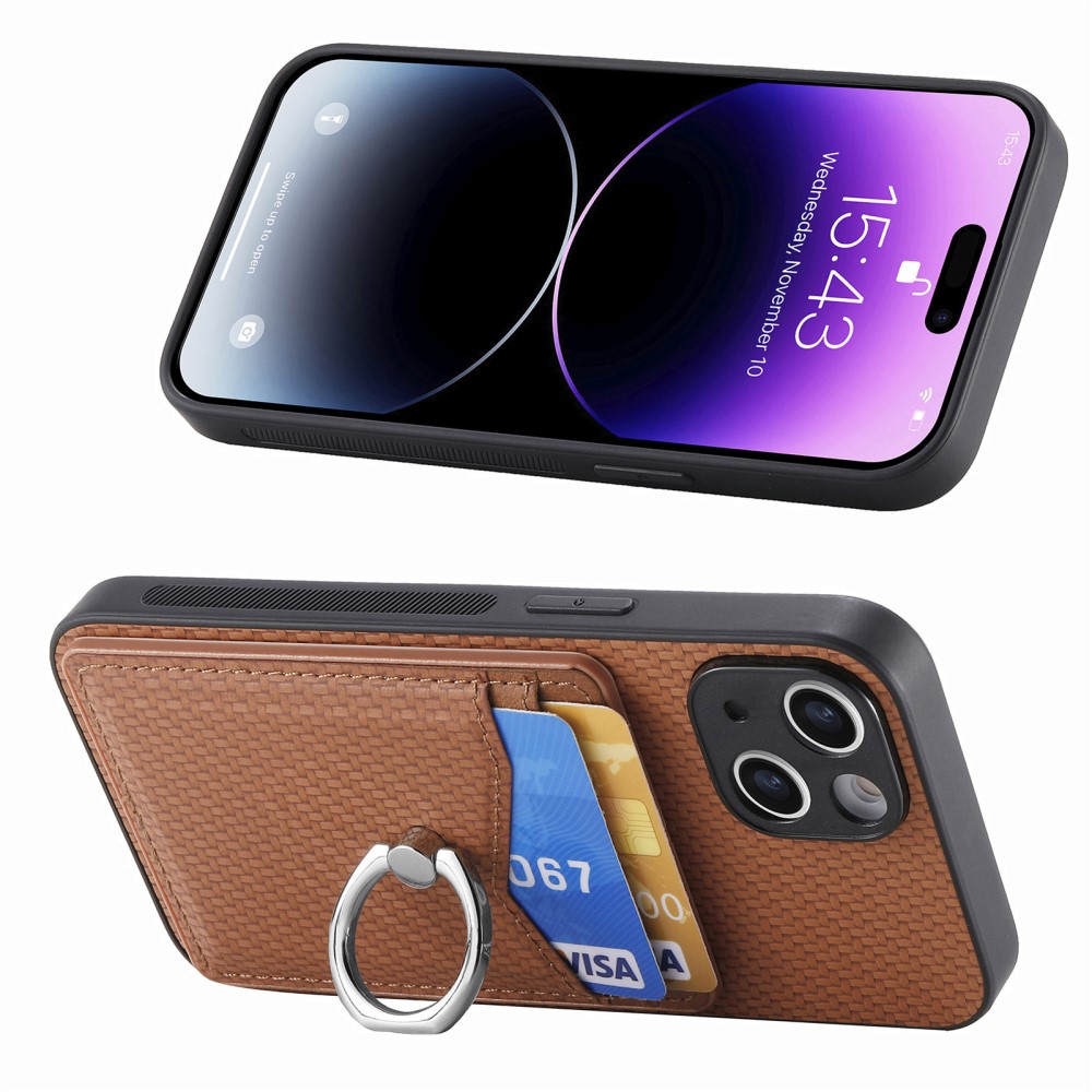  iPhone 15 Plus Skal Kolfiber Textur Ring Kortfack Brun