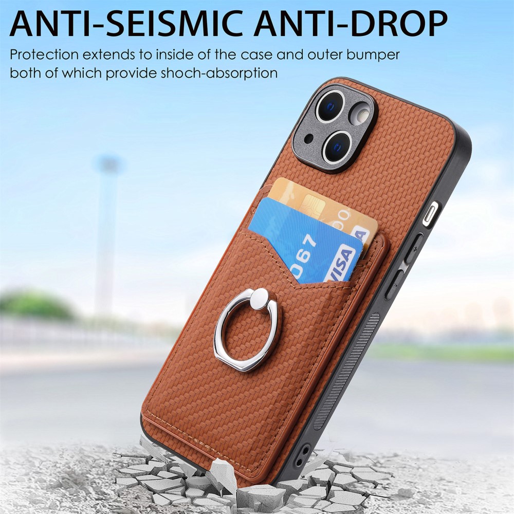  iPhone 15 Plus Skal Kolfiber Textur Ring Kortfack Brun