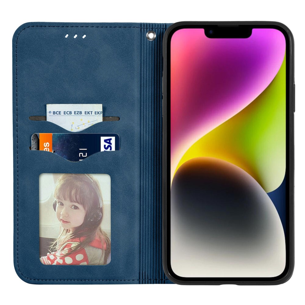  iPhone 15 Plus Fodral Retro Läder Blå