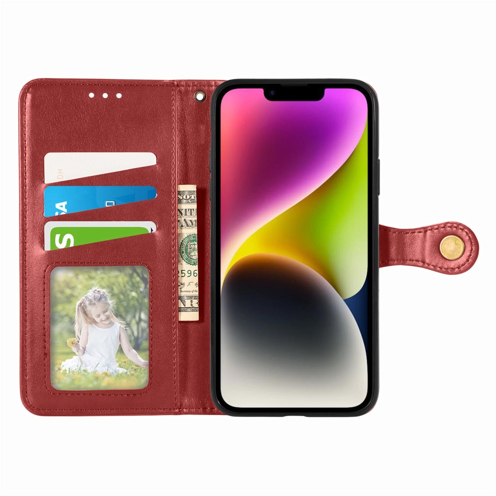  iPhone 15 Plus Fodral Läder Magnetisk Mässing Röd