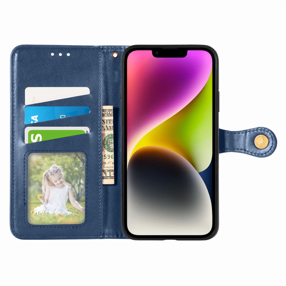  iPhone 15 Plus Fodral Läder Magnetisk Mässing Blå