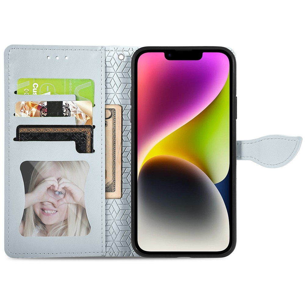  iPhone 15 Plus Fodral Läder Med Tryck Grå