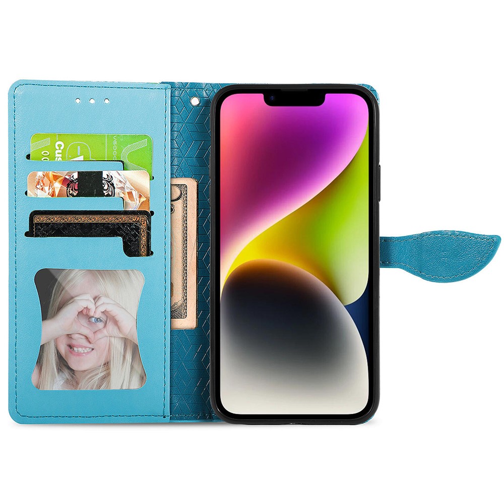 iPhone 15 Plus Fodral Läder Med Tryck Blå