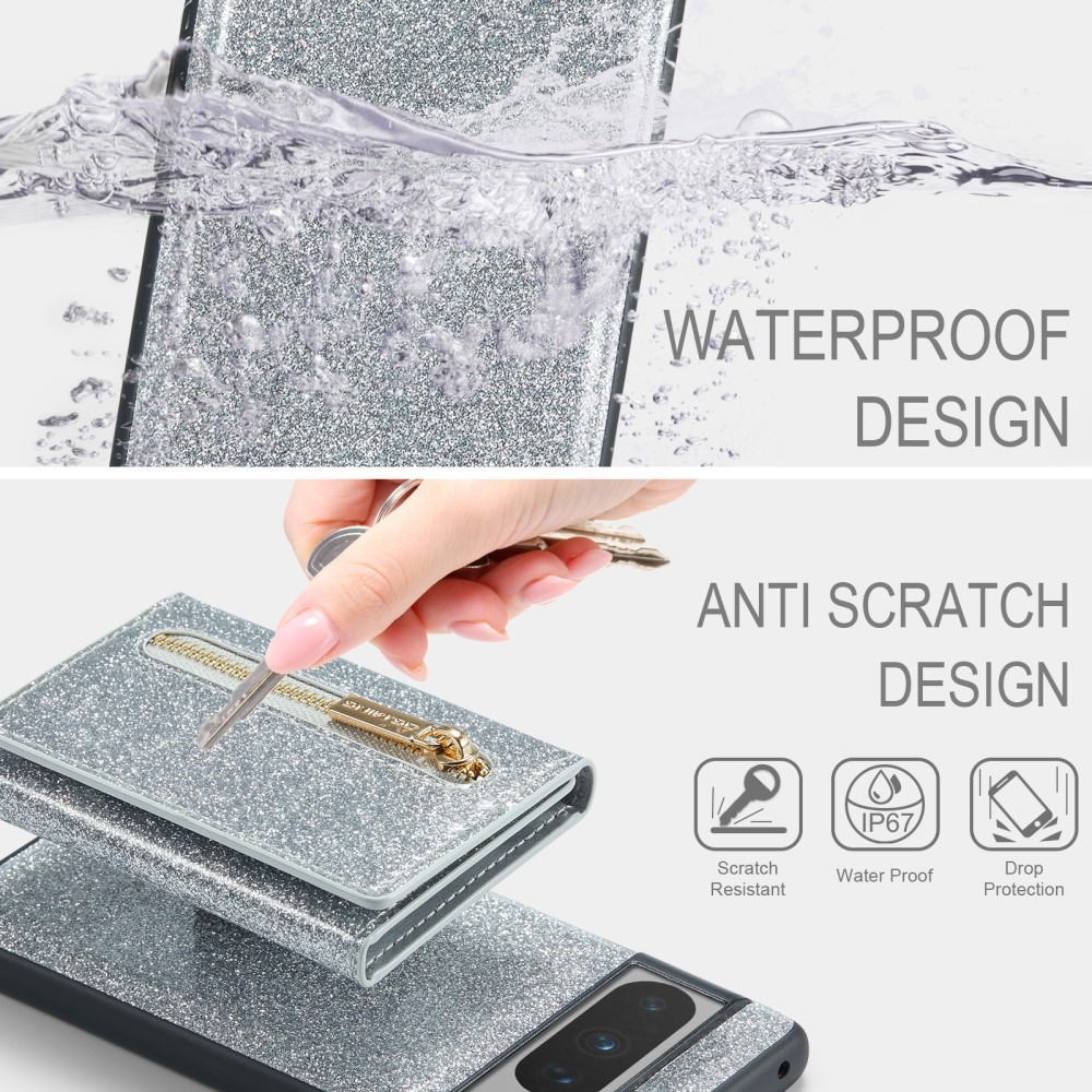 DG.MING DG.MING Google Pixel 8 Pro Skal Magnetisk Plånbok Glitter Silver