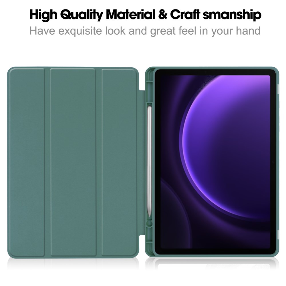  Samsung Galaxy Tab S9 FE Fodral Läder Pennhållare Svartgrön