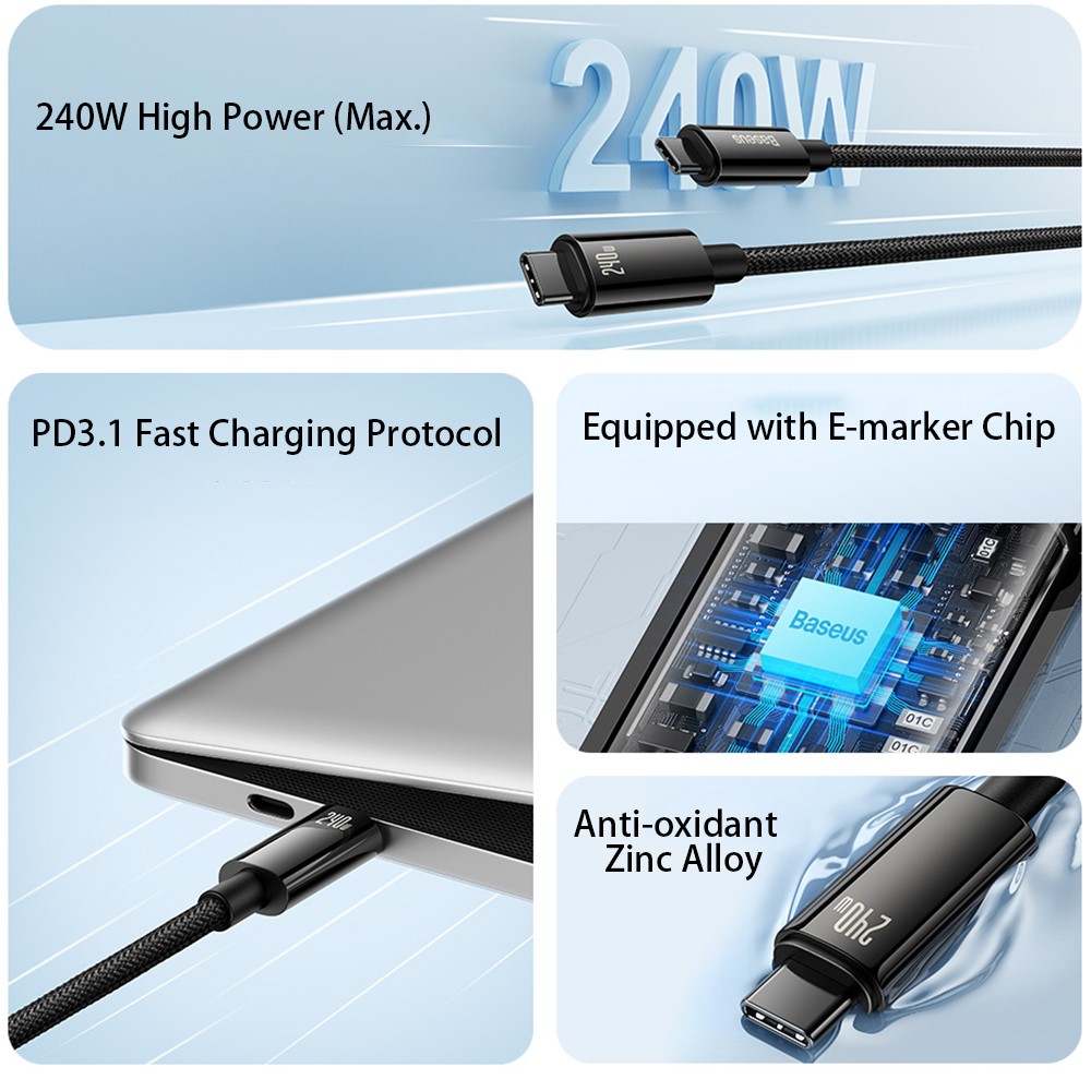 BASEUS Baseus 3m 240W USB-C - USB-C Kabel Tungsten Gold Series Svart