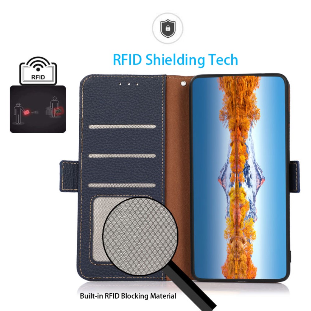 KHAZNEH KHAZNEH Galaxy S24 Ultra Fodral RFID Litchi Äkta Läder Blå