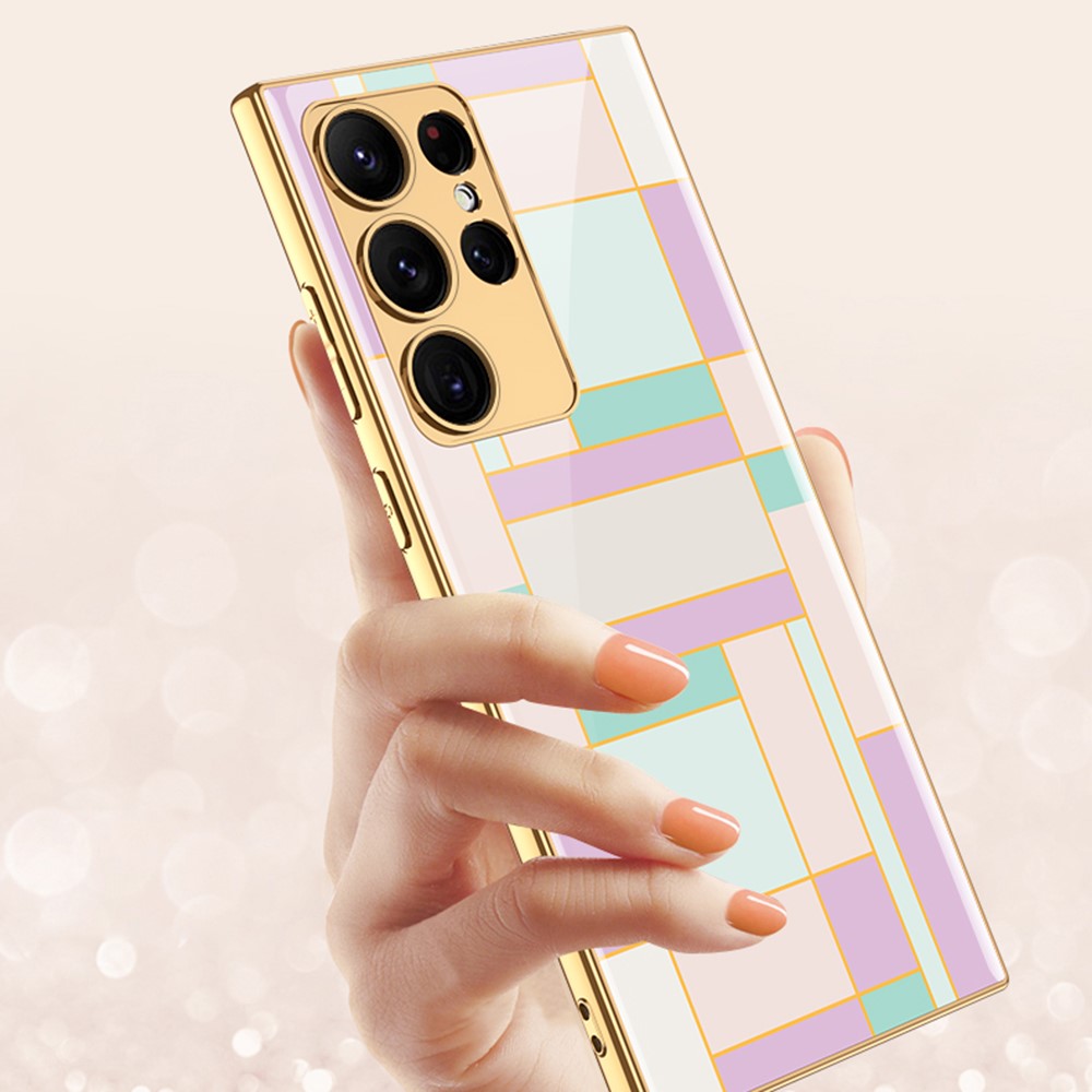 GKK GKK Galaxy S24 Ultra Skal Härdat Glas Electroplate Marmor Vit