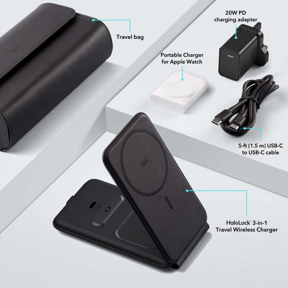 ESR ESR HaloLock 3in1 Trådlös Laddare Vikbar Inkl. Adapter Svart