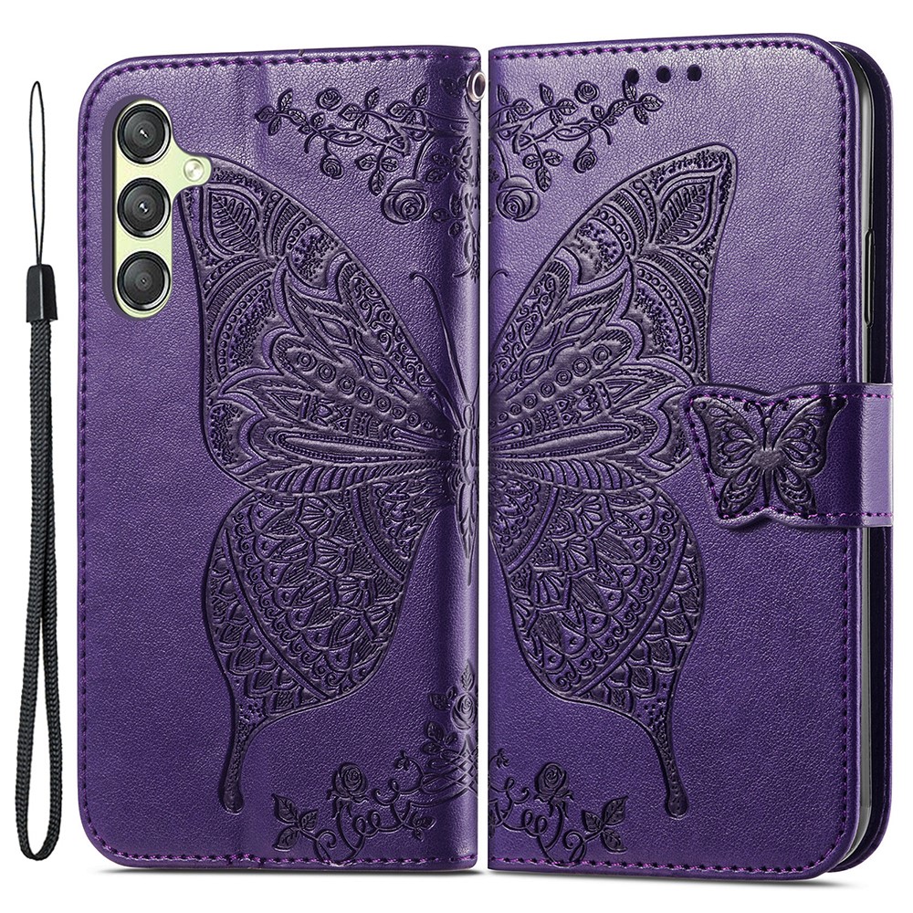  Samsung Galaxy A25 5G Fodral Läder Big Butterfly Mörk Lila