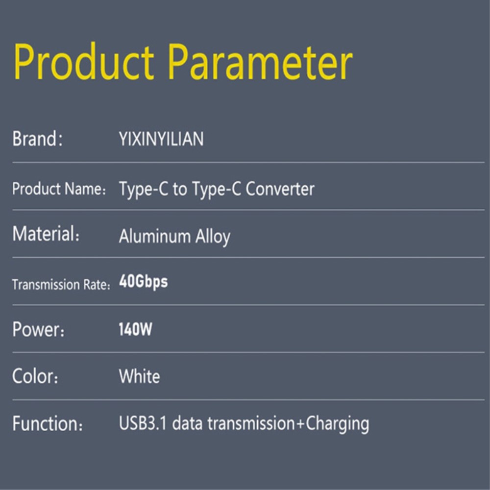  140W USB 3.1 USB-C Hane till USB-C Hona Adapter 8K 40Gbps Vit