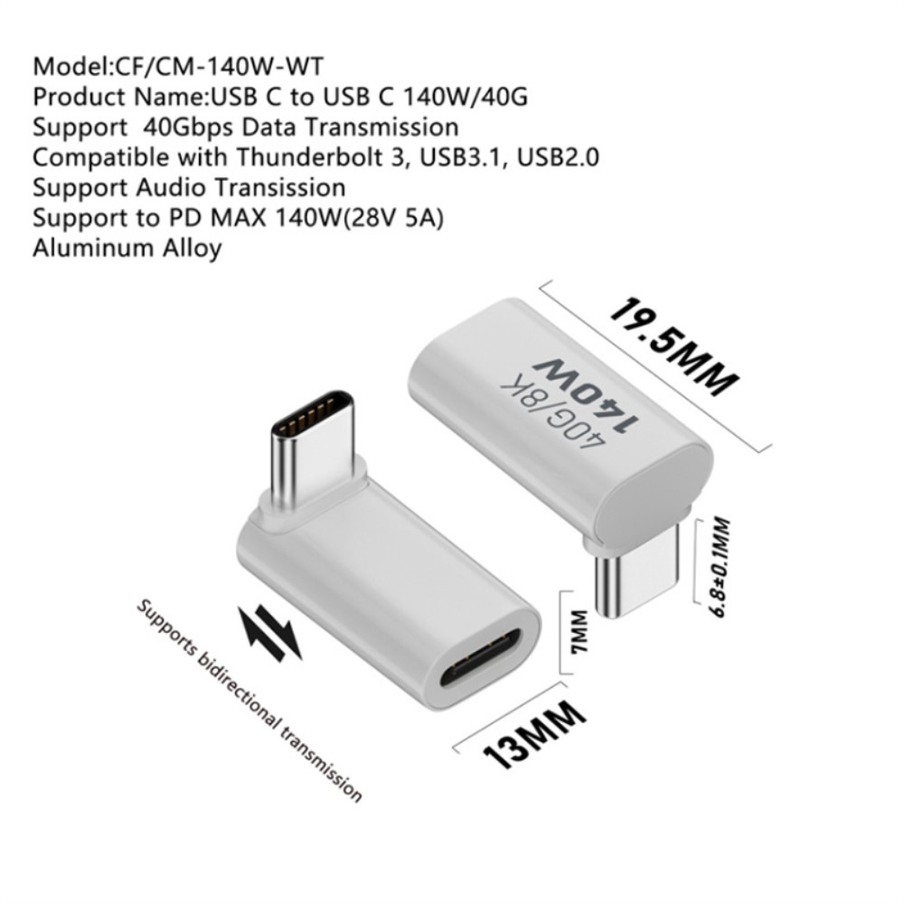  140W USB 3.1 USB-C Hane till USB-C Hona Adapter 8K 40Gbps Vit