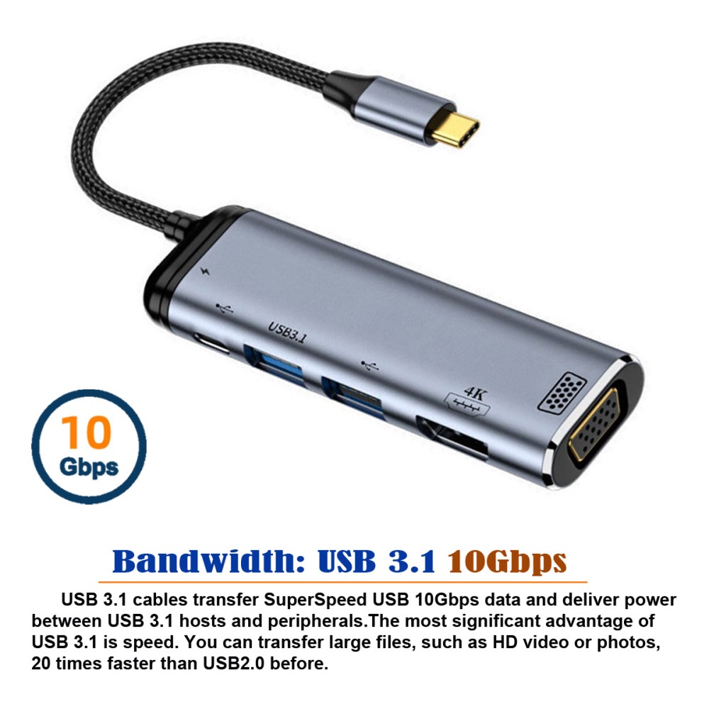  USB-C PD Till VGA/HDMI/USB-C/USB-A 4K 60Hz 1080p Adapter