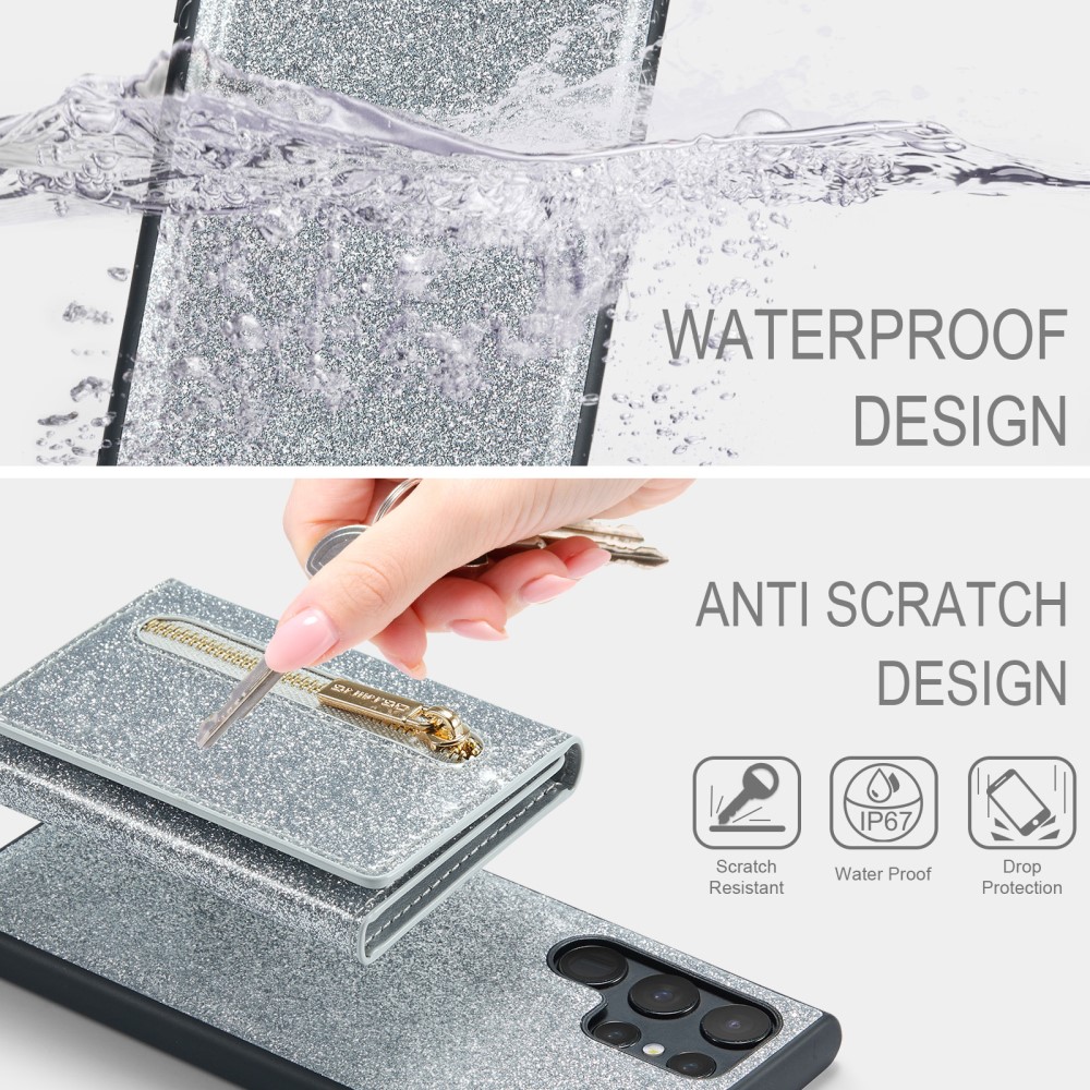 DG.MING DG.MING Galaxy S24 Ultra Skal Magnetisk Plånbok Glitter Silver