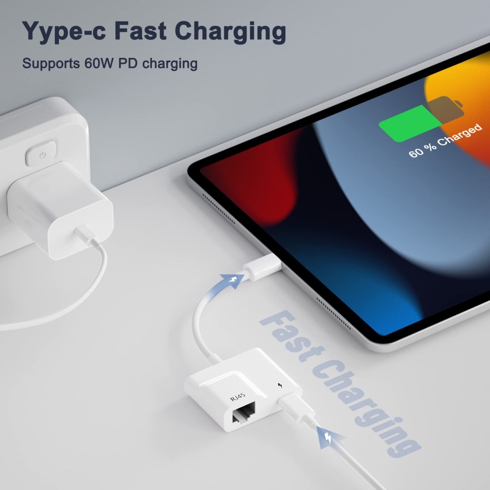  2in1 60W USB-C Till RJ45 Ethernet Adapter Vit