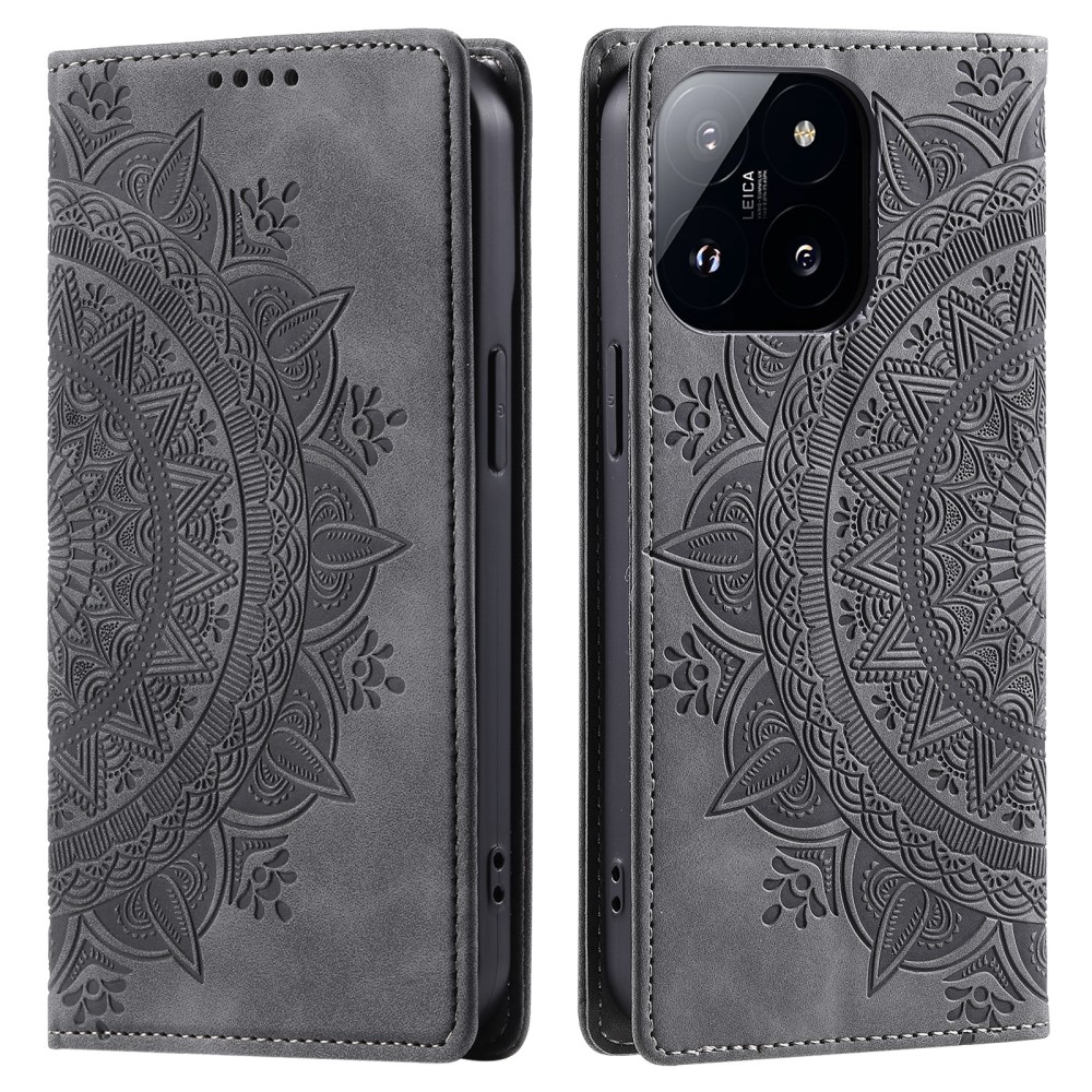  Xiaomi 14 Fodral Mandala Flip Läder Grå