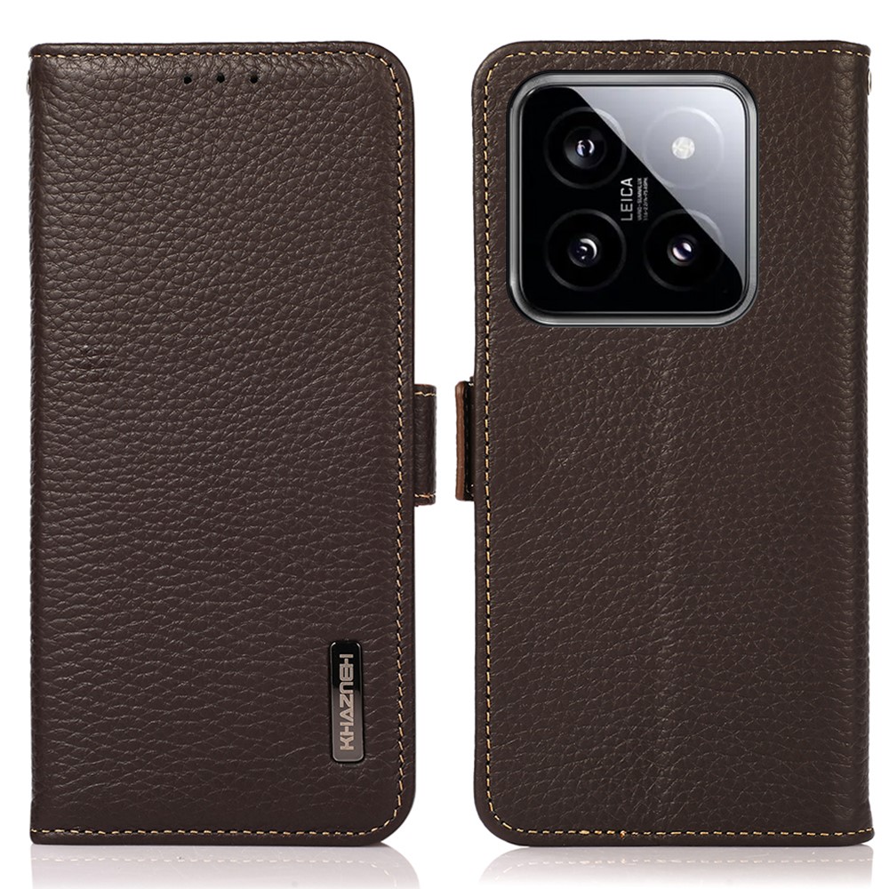 KHAZNEH KHAZNEH Xiaomi 14 Ultra Fodral RFID Litchi Äkta Läder Brun