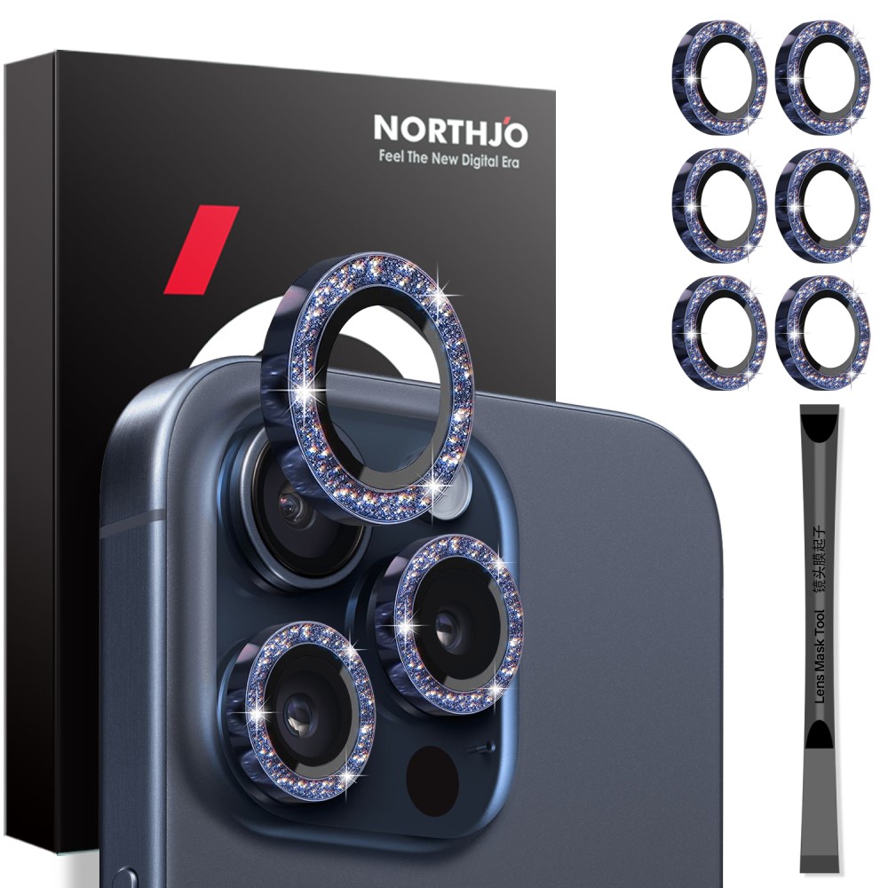 NORTHJO NORTHJO iPhone 15 Pro/Pro Max/14 Pro/Pro Max Linssskydd 2-PACK Glitter Blå