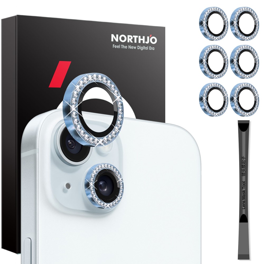 NORTHJO NORTHJO iPhone 15/15 Plus/14/14 Plus Linsskydd Strass 3-PACK Blå
