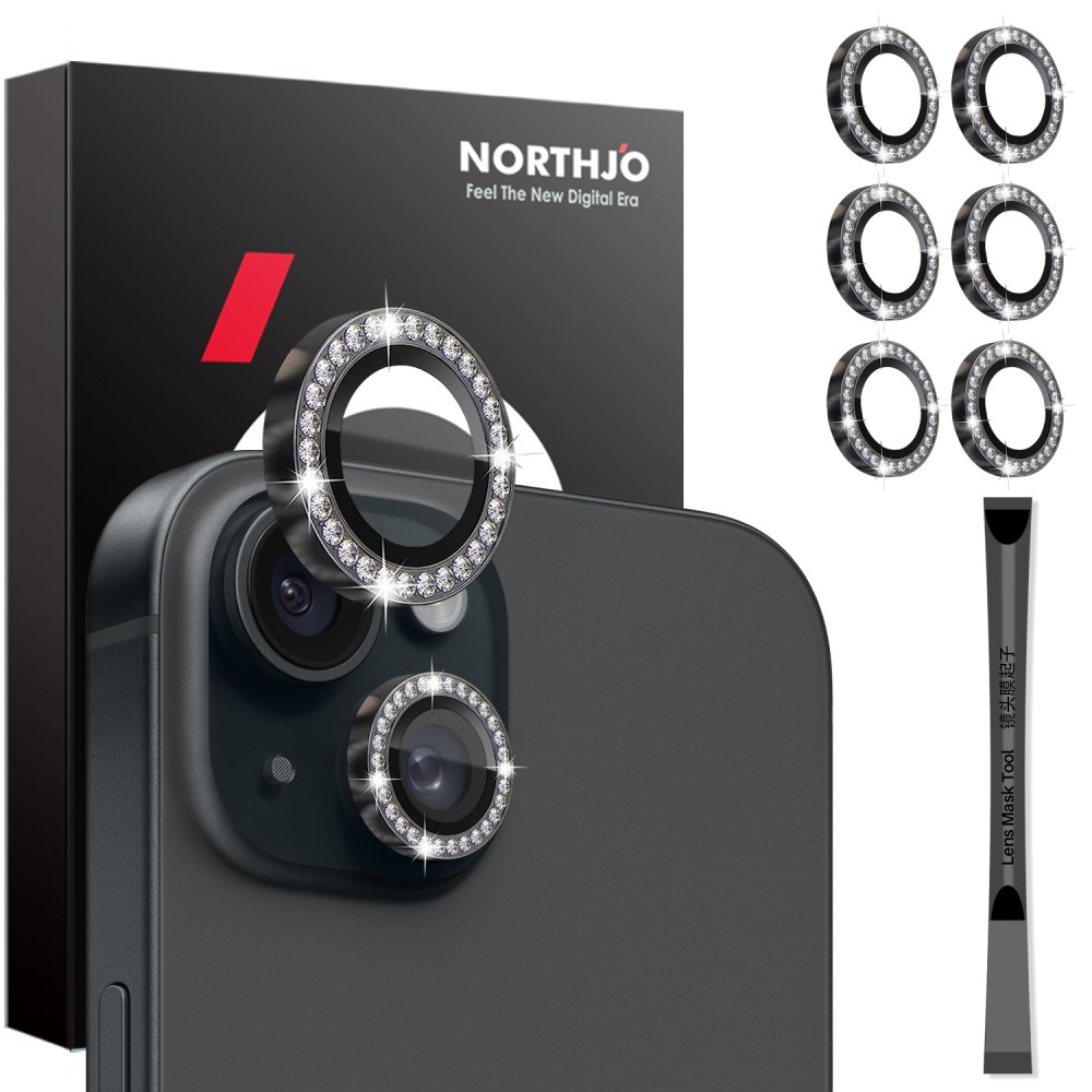 NORTHJO NORTHJO iPhone 15/15 Plus/14/14 Plus Linsskydd Strass 3-PACK Svart