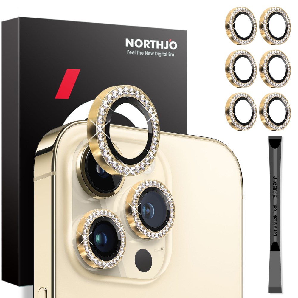 NORTHJO NORTHJO iPhone 15 Pro/Pro Max/14 Pro/Pro Max Linsskydd Strass 2-PACK Guld