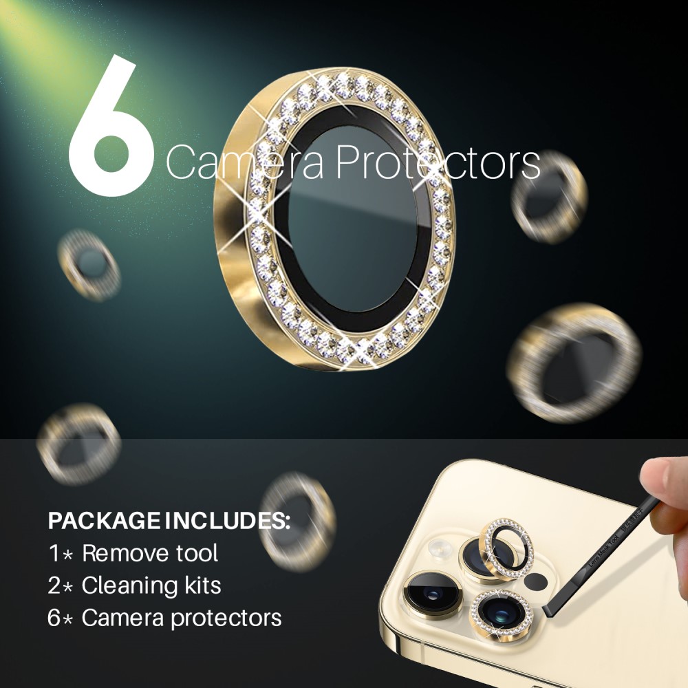 NORTHJO NORTHJO iPhone 15 Pro/Pro Max/14 Pro/Pro Max Linsskydd Strass 2-PACK Guld