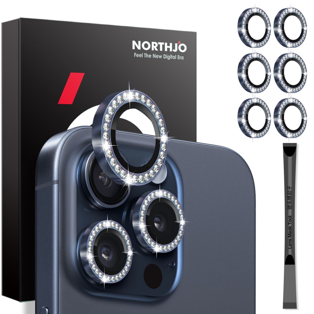 NORTHJO NORTHJO iPhone 15 Pro/Pro Max/14 Pro/Pro Max Linsskydd Strass 2-PACK Blå