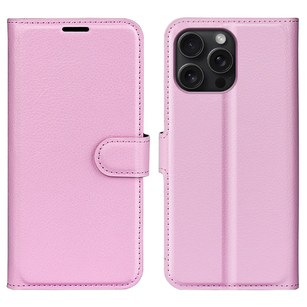  iPhone 16 Pro Fodral Litchi Läder Ljusrosa