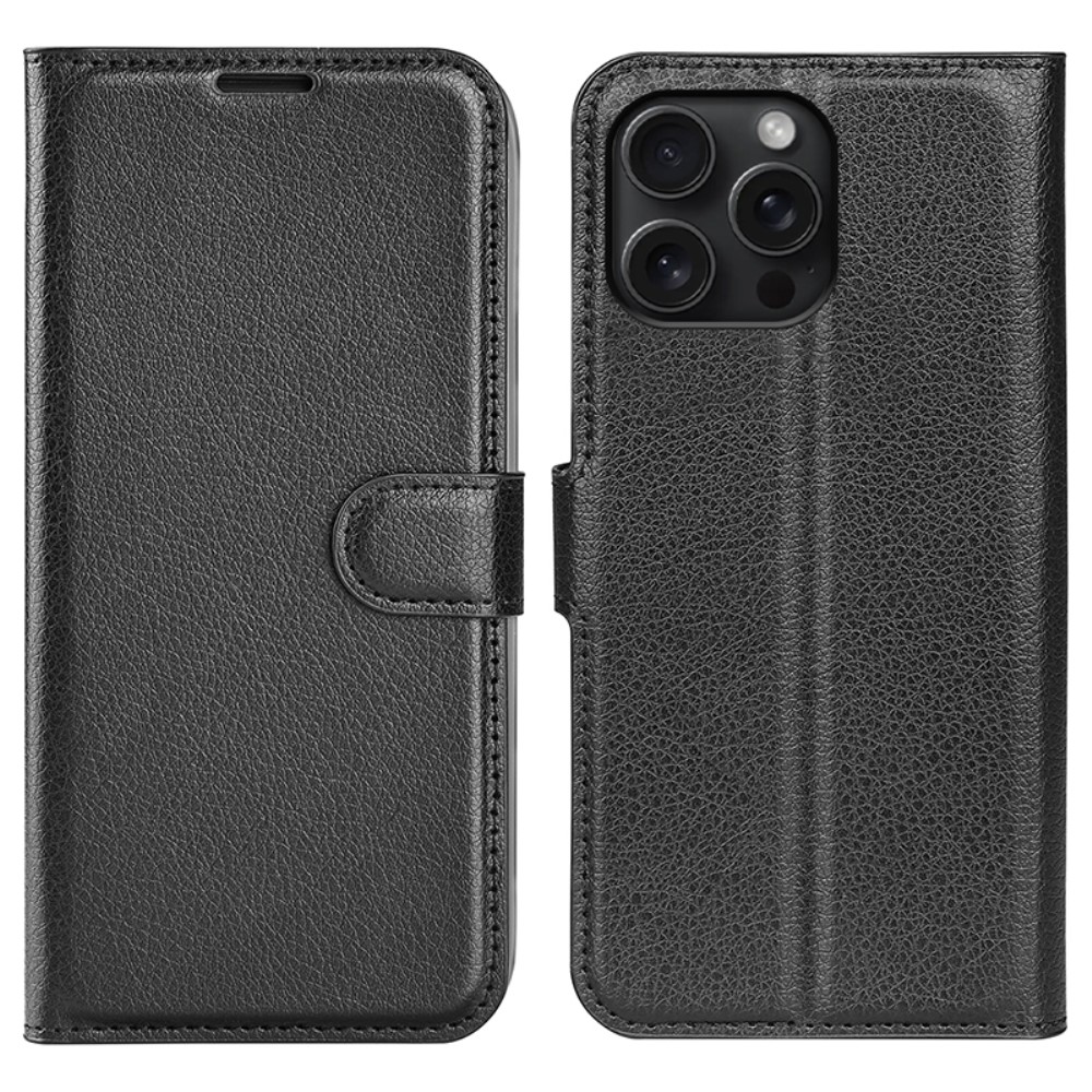  iPhone 16 Pro Fodral Litchi Läder Svart