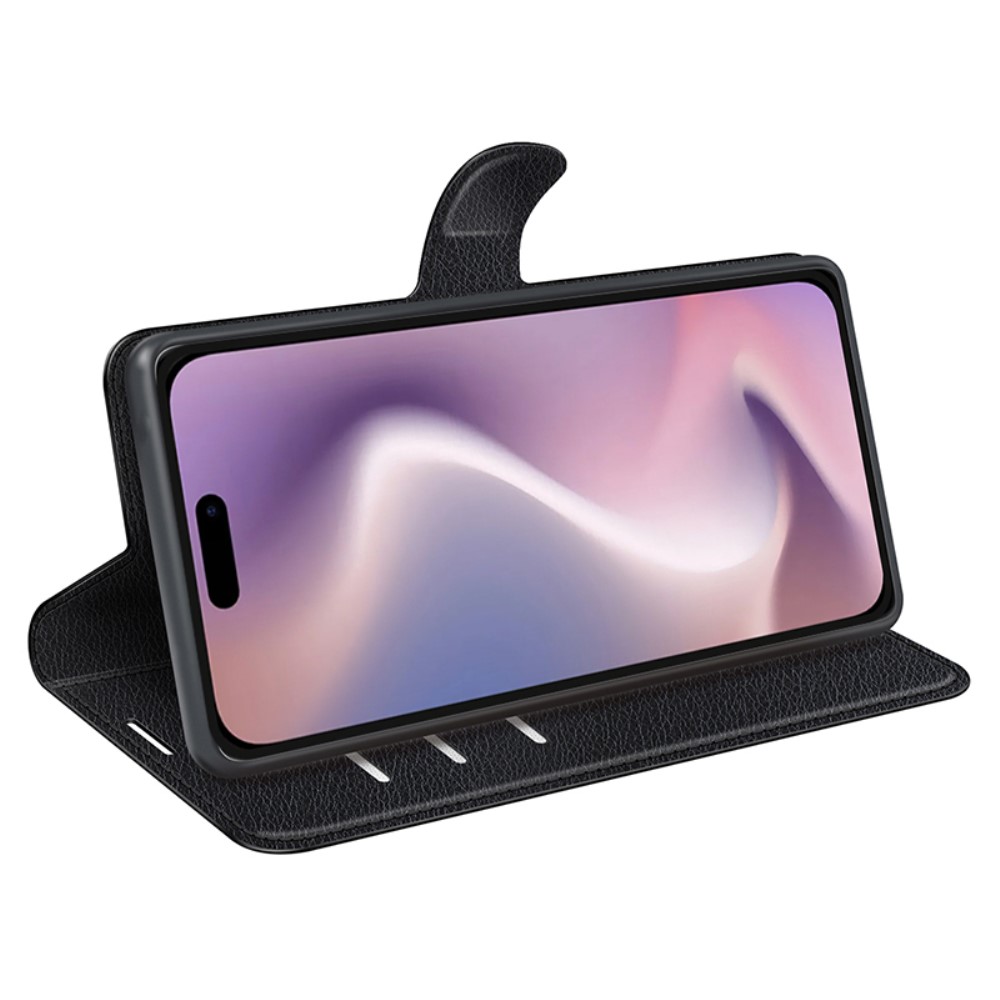  iPhone 16 Pro Fodral Litchi Läder Svart