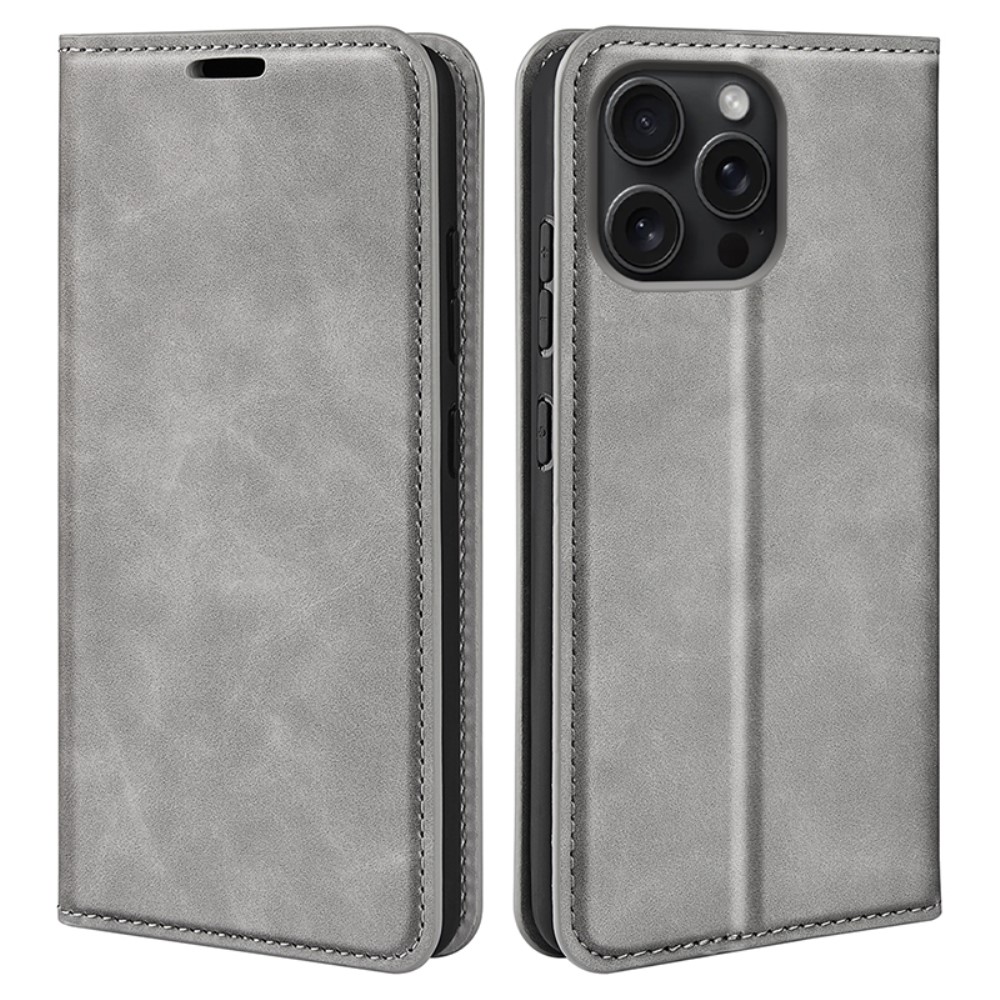  iPhone 16 Pro Fodral Flip Läder Grå