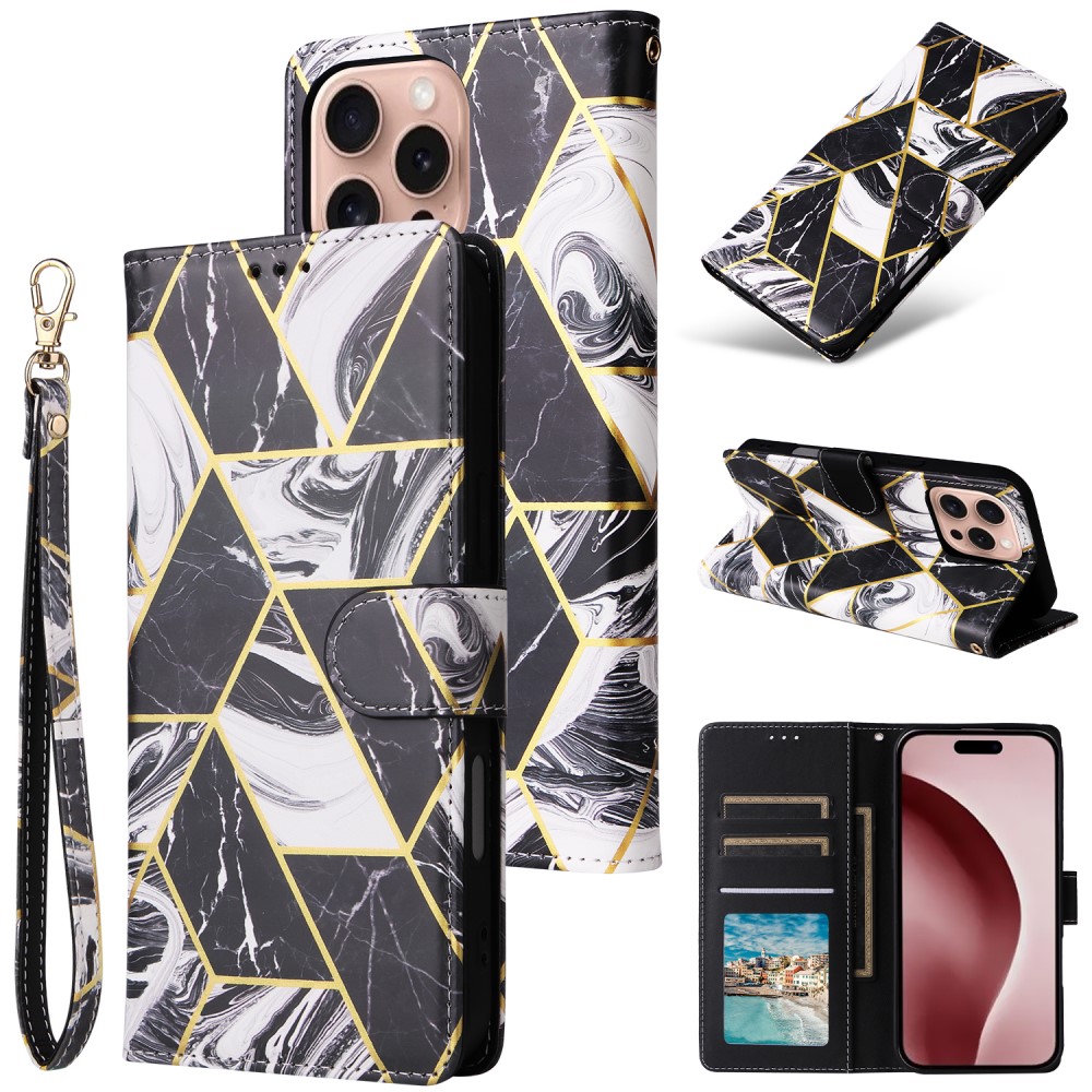  iPhone 16 Pro Fodral Läder Marmor Svart/Vit