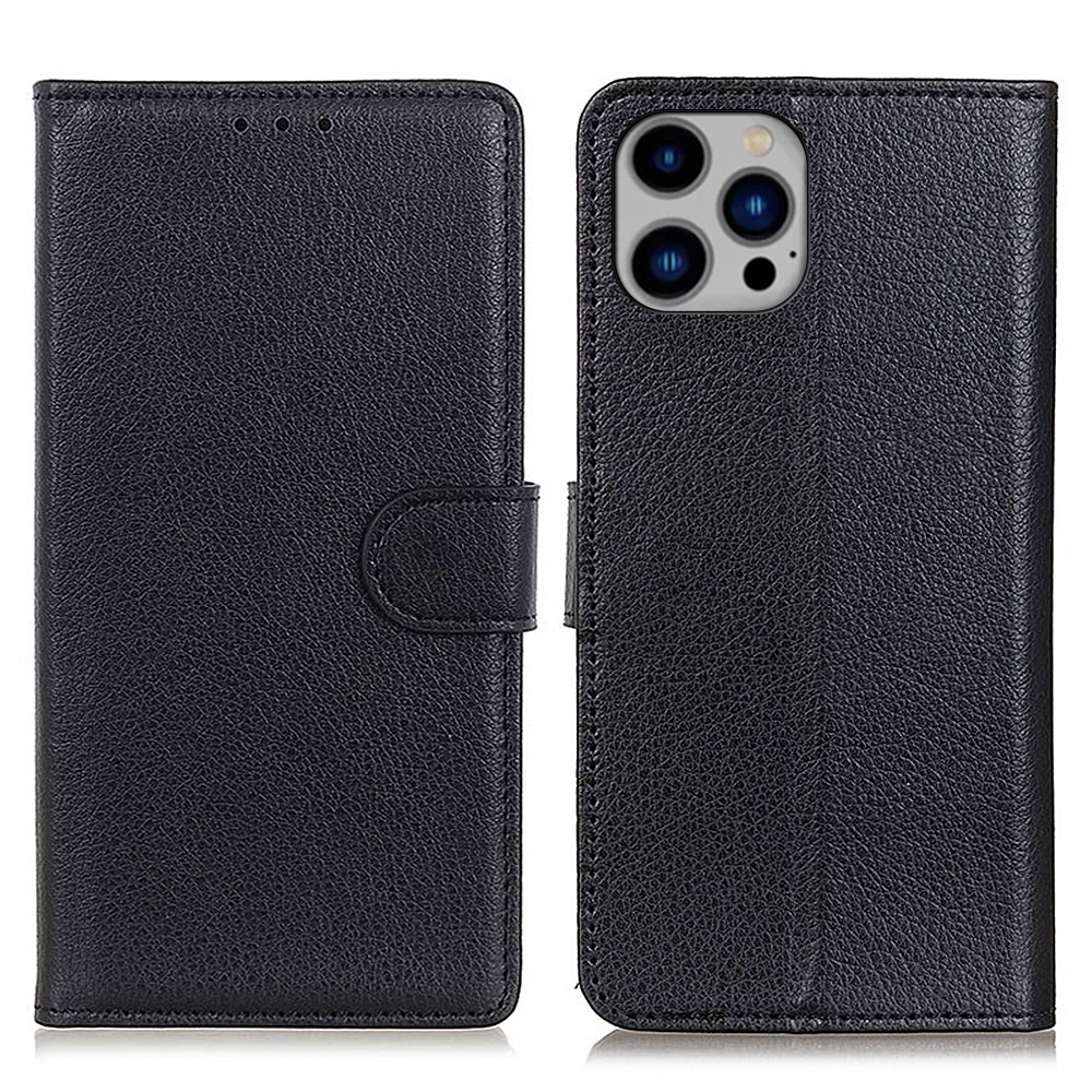  iPhone 16 Pro Fodral Litchi Läder Svart