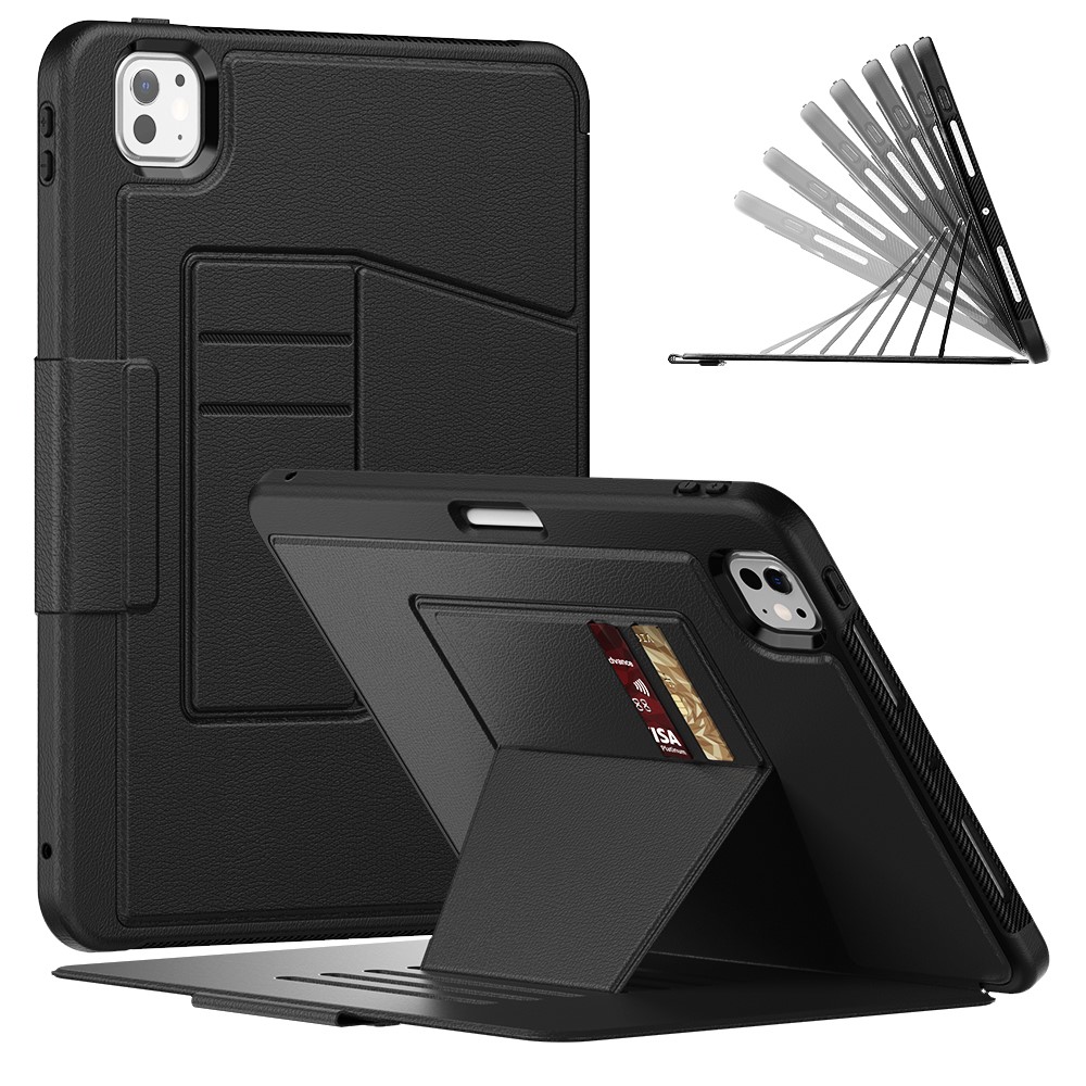  iPad Pro 11 2025/2024 Fodral Läder Kickstand Korthållare Svart
