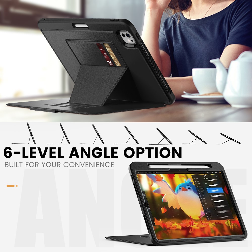  iPad Pro 11 2025/2024 Fodral Läder Kickstand Korthållare Svart