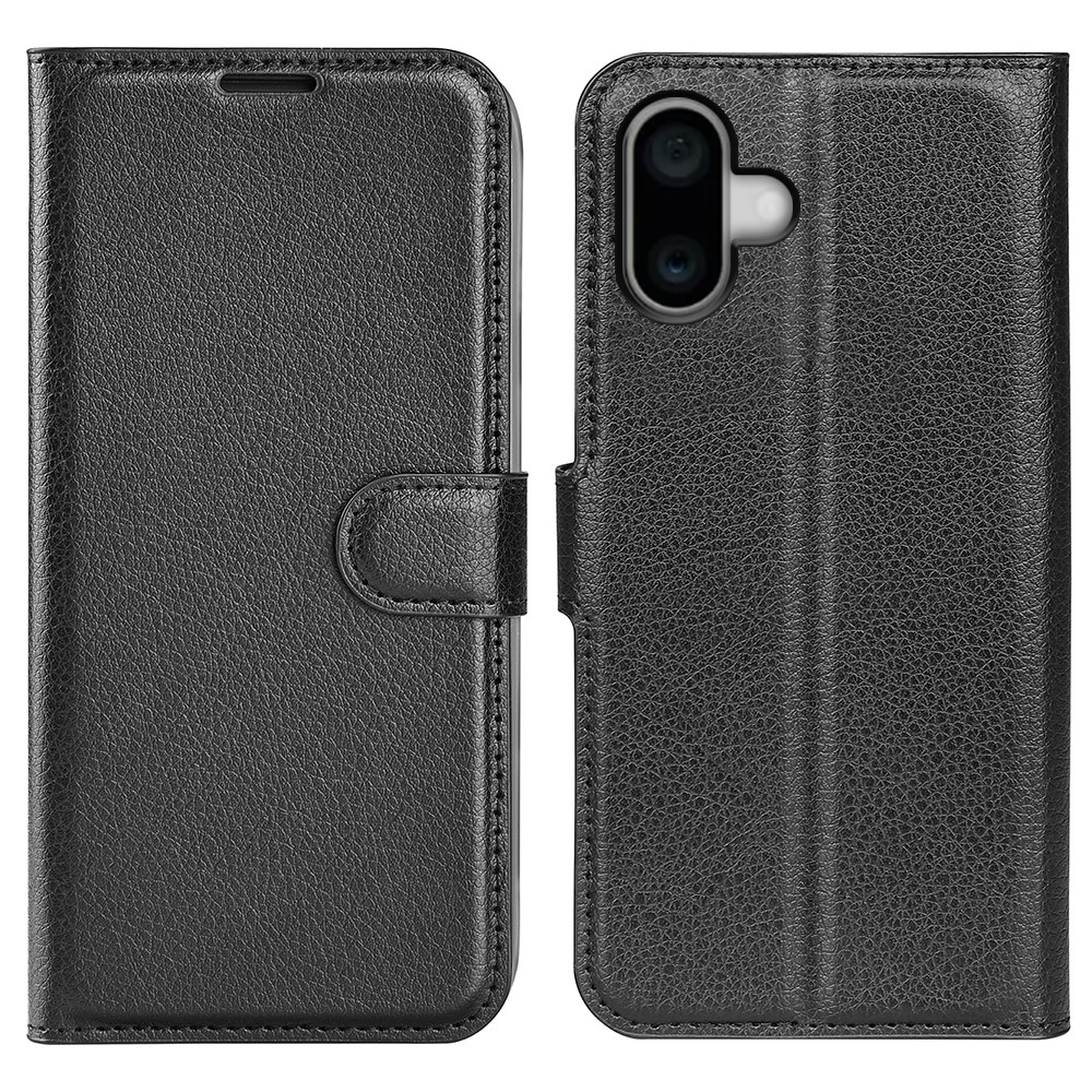  iPhone 16 Plus Fodral Litchi Läder Svart