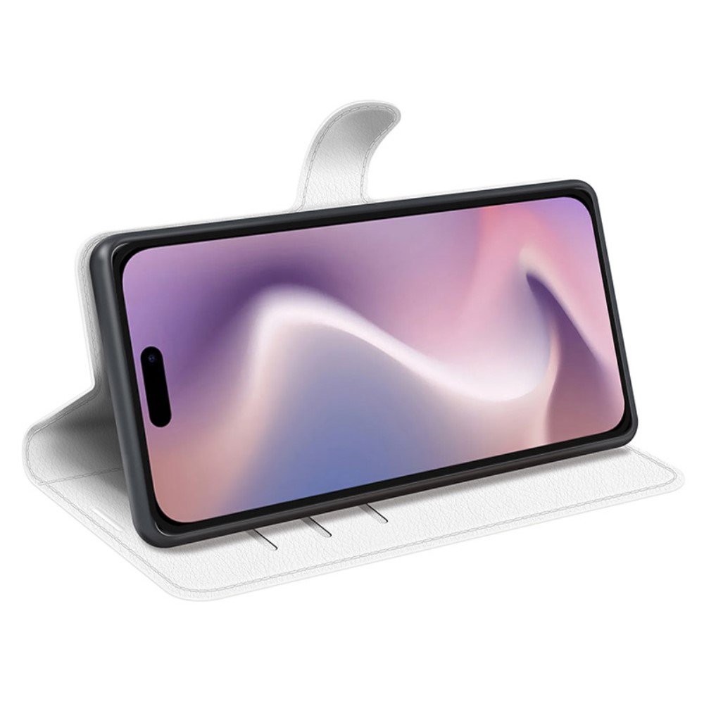  iPhone 16 Plus Fodral Litchi Läder Vit